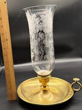 Antique Cambridge Etched Glass Hurricane Solid Brass Base Nappy Candle Holder picture