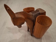 Vtg Hand Carved Wooden Donkey + Side Cups SOLID WOOD MULE BURRO FIGURE FIGURINE picture