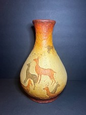 Vintage Unglazed Hand Painted Mexican Folk Art Pottery Sacred Deer Vase Vessel picture