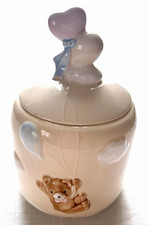 Vintage Japan Ceramic Teddy Bear Trinket Box Heart Balloon Pastel Nursery Jar MC picture