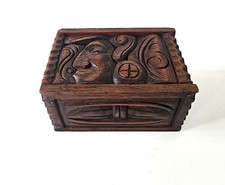 Vintage MCM Hand Carved Wood Trinket Stash Box Abstract Face Folk Art picture