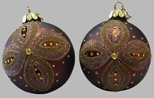 2  Burgundy Christmas Embellished Bling Sparkle Glass Ornaments Hand Painted 4