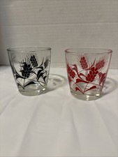 Vintage Hazel Atlas Sour Cream Glasses Set of 2 MCM Red Black Wheat Pattern 8oz picture