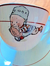 Vintage 1928 Crown Potteries Boy Football Player Child Cup Saucer Set Red Trim🏈 picture