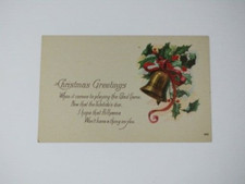 Christmas Greetings Unposted Postcard Bell Holly Leaves & Red Berries Vintage picture