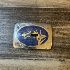 VTG Johnson & Held Handmade Belt Buckle Fighting Betta Fish Blue/Green Inlay picture