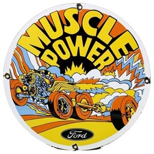 VINTAGE FORD MUSCLE POWER PORCELAIN SIGN HOT ROD DRAGSTER CARTOON OVAL LOGO picture