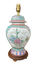 Vintage Chinese Porcelain Table Lamp 14” Floral Turquoise Pink Ginger Jar picture