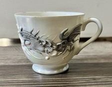 Vntg Chinese Folklore Long Loong Dragon Tea Cup Black White Gray Pearl Color picture