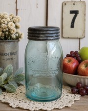 Vintage Aqua Glass Crown Refrigerator Jar Glass Lid Metal Band Farmhouse Cottage picture