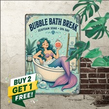 Whimsical Mermaid Metal Sign Retro Bathtub Bathroom Wall Art Tin Plaque picture