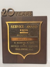 Vintage Original EXXON Gas Oil Company 20 Years Service Award Brass Plaque Sign picture