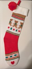 Vintage 1980's Christmas Knit Stocking Teddy Bears and Hearts With Pom Pom  picture