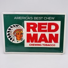 1970s 1980s RED MAN CHEWING TOBACCO INDIAN HEAD PRESSED TIN METAL SIGN VINTAGE picture