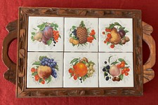Vintage '70s Dal-Tile Carved Wooden Serving Tray with Ceramic Fruit Tiles Trivet picture