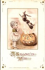 Vintage John Winsch Little Girl, Witch, Broom, JOL, Pumpkin, Halloween Postcard picture