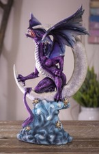 Night Voyager Purple Dragon Perching On Crescent Moon Stars And Clouds Figurine picture