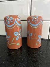 Vtg Salt & Pepper Shakers Terracotta Glazed Hand Painted Floral  picture