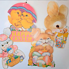 4 Vintage Easter Double Sided Die Cuts Bunnies Eggs and Chicks picture