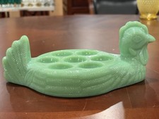 Farmhouse Jadeite Green Glass Hen Chicken 7 Cup Deviled Egg Holder Serving Dish picture