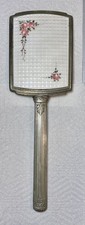VTG Hand Held Vanity Mirror Flowers French Guilloche Enamel & Silver Plate 13” picture