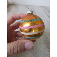 Vintage shiny Brite copper striped glass ornament green pink Xmas tree picture