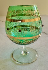 VINTAGE BOHEMIAN BLOWN GLASS VASE OR BRANDY SNIFTER GREEN WITH GOLD GILT picture