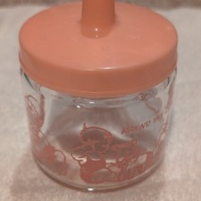 Vintage Clear Glass Jar w/ Pink Lid, Child Illustration, 