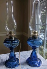 Pair Of Findlay Cobalt Blue Queen Of Hearts Converted Oil Sweetheart Lamp READ picture