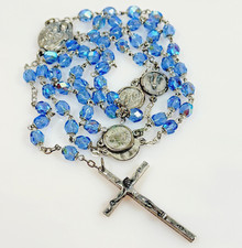 Vintage Crystal Rosary Silver Tone  AB Coated Blue 34