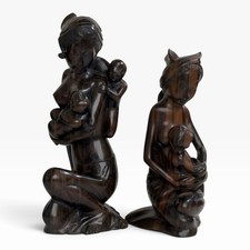 Vintage Bali Indonesia Hand Carved Hardwood Mother & Child Art Sculpture Pair picture