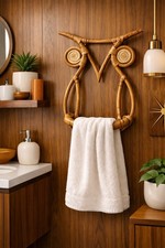VTG BOHO Mid Century OWL Wall Towel Holder Wicker Boho Coastal Decor Read(2) picture
