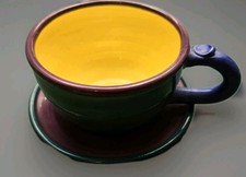 Handpainted Coffee Tea Mug Signed Art Pottery Multicolored Cup & Saucer picture