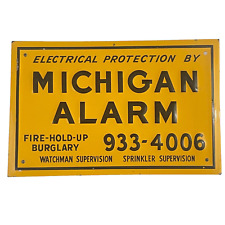 MICHIGAN ALARM vtg Embossed Tin Advertising Sign FIRE HOLD-UP BURGLARY WATCHMAN picture