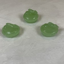 Set of 3 Mini Jadeite Green Glass Bunny Rabbit Covered Trinket Dishes 2.5” picture