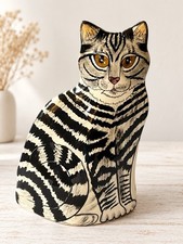 Cats by Nina Lyman Tabby Cat Ceramic Vase Black White Whimsical Folk Art 11.5in picture