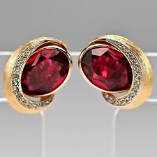 KRAMER Original Vintage Signed Ruby Red Garnet Cabachon Gold Rhinestone Earrings picture