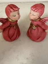 Vintage Kissing Angels Pair Pinkish Red Gold Christmas Figurines MCM Kitsch picture
