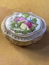 Vintage Limoges Style Porcelain Top Trinket Jewelry Metal Box, Made in Japan picture