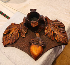 Antique Black Forest Hand Carver Desk Ink Well Stand Oak leaf and Acorn picture