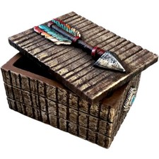 Southwestern Indian Turquoise Arrow Feather Faux Wooden Decorative Jewelry Box picture