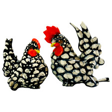 Spotted Chicken Rooster Figurine Ceramic Lot of 2 Black White READ Broken Tail picture