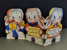 1942 Birthday Greeting Card -One Year Old -PIN BADGE -BUNNY First Bday -Tri-Fold picture