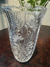 Vintage Cut Glass Vase – Floral & Leaf Pattern – Scalloped Rim – Heavy picture