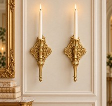 TWO Vintage Gold Iron Taper Candle Wall Sconces Holder Hollywood Regency 10.5” picture