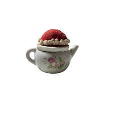Vtg Miniature Hand Paint White Porcelain Floral Teapot Trim Red Ball Pin Cushion picture