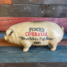 Fincks Overalls Piggy Bank, Cast Iron Pig W/ Antique Finish, Man Cave Bar Decor picture