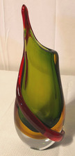 Mid Century Murano Sommerso Italy Art Glass Vase/Green/Yellow/Red Orange Applied picture