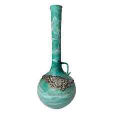 Vintage Art Glass Vase Signed Domar Israel .925 Silver Overlay Blue Green Swirl picture