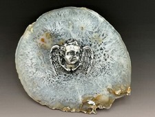 131 gram White Quartz Agate Slab  Sterling Silver Angel Paperweight Rock Art picture